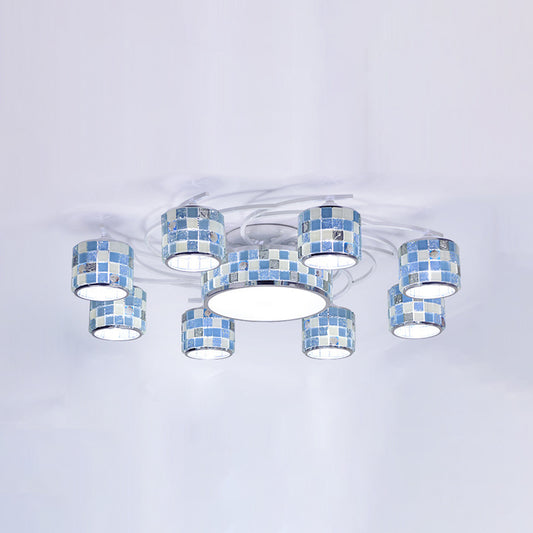 Mediterranean Drum Checkered Semi Flush 11 Heads Blue Glass Ceiling Mount Chandelier for Living Room Clearhalo 'Ceiling Lights' 'Close To Ceiling Lights' 'Close to ceiling' 'Glass shade' 'Glass' 'Pendant Lights' 'Semi-flushmount' 'Tiffany close to ceiling' 'Tiffany' Lighting' 890240