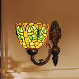 1-Light Dining Room Wall Light Fixture Victorian Brass Wall Mounted Lighting with Bowl Stained Glass Shade Brass Clearhalo 'Art deco wall lights' 'Cast Iron' 'Glass' 'Industrial' 'Middle century wall lights' 'Modern' 'Tiffany wall lights' 'Tiffany' 'Traditional wall lights' 'Wall Lamps & Sconces' 'Wall Lights' Lighting' 890258