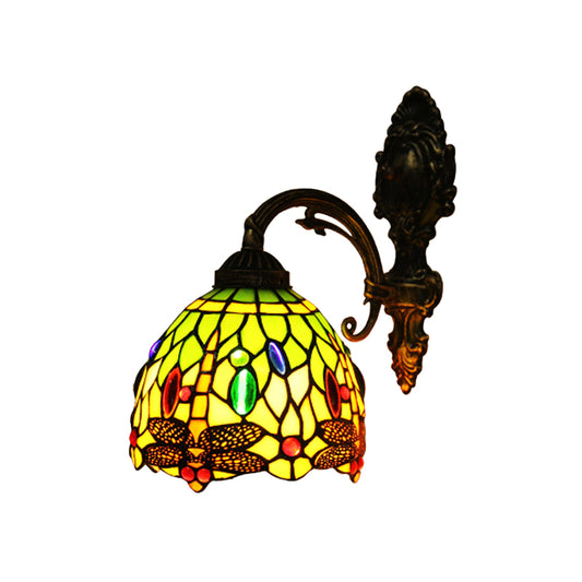 Stained Art Glass Bronze Sconce Domed 1 Head Tiffany Style Wall Mount Light Fixture with Dragonfly Pattern Clearhalo 'Art deco wall lights' 'Cast Iron' 'Glass' 'Industrial' 'Middle century wall lights' 'Modern' 'Tiffany wall lights' 'Tiffany' 'Traditional wall lights' 'Wall Lamps & Sconces' 'Wall Lights' Lighting' 890268
