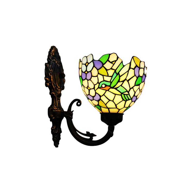 1-Light Sconce Light Baroque Flower Hand Cut Glass Wall Mounted Lighting in Bronze with Swirl Arm Clearhalo 'Art deco wall lights' 'Cast Iron' 'Glass' 'Industrial' 'Middle century wall lights' 'Modern' 'Tiffany wall lights' 'Tiffany' 'Traditional wall lights' 'Wall Lamps & Sconces' 'Wall Lights' Lighting' 890272