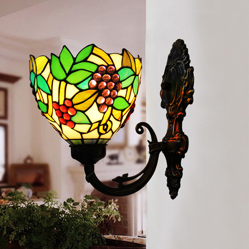 Tiffany Bowl Wall Sconce 1 Head Stained Glass Grape Patterned Wall Mount Lamp in Green and White/Black Red Clearhalo 'Art deco wall lights' 'Cast Iron' 'Glass' 'Industrial' 'Middle century wall lights' 'Modern' 'Tiffany wall lights' 'Tiffany' 'Traditional wall lights' 'Wall Lamps & Sconces' 'Wall Lights' Lighting' 890278