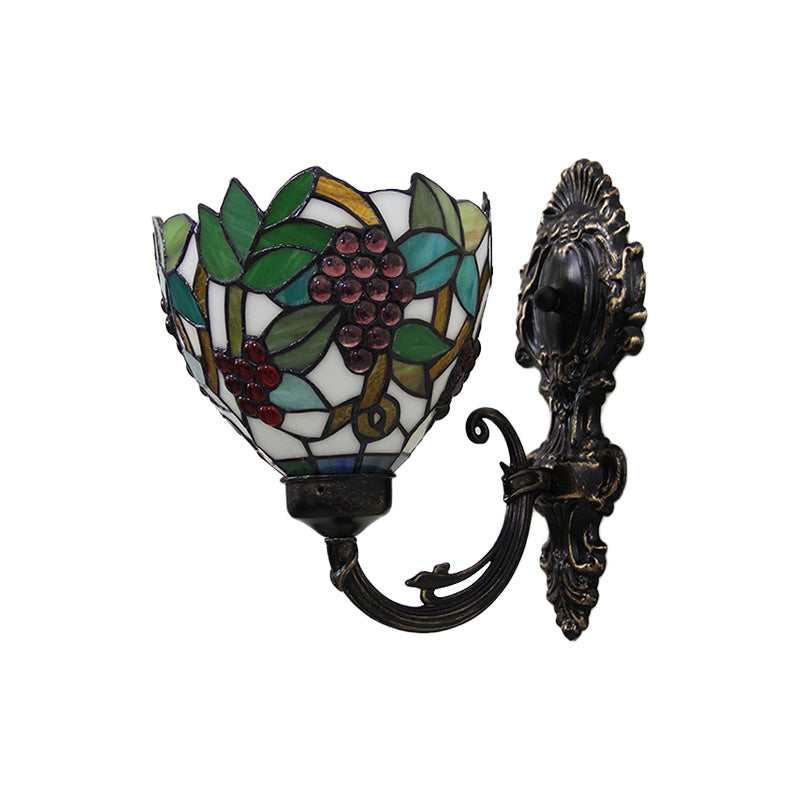 Tiffany Bowl Wall Sconce 1 Head Stained Glass Grape Patterned Wall Mount Lamp in Green and White/Black Clearhalo 'Art deco wall lights' 'Cast Iron' 'Glass' 'Industrial' 'Middle century wall lights' 'Modern' 'Tiffany wall lights' 'Tiffany' 'Traditional wall lights' 'Wall Lamps & Sconces' 'Wall Lights' Lighting' 890279