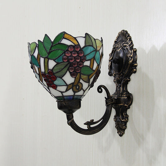 Tiffany Bowl Wall Sconce 1 Head Stained Glass Grape Patterned Wall Mount Lamp in Green and White/Black Clearhalo 'Art deco wall lights' 'Cast Iron' 'Glass' 'Industrial' 'Middle century wall lights' 'Modern' 'Tiffany wall lights' 'Tiffany' 'Traditional wall lights' 'Wall Lamps & Sconces' 'Wall Lights' Lighting' 890280
