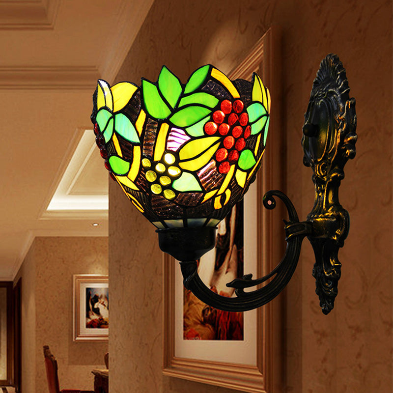 Tiffany Bowl Wall Sconce 1 Head Stained Glass Grape Patterned Wall Mount Lamp in Green and White/Black Clearhalo 'Art deco wall lights' 'Cast Iron' 'Glass' 'Industrial' 'Middle century wall lights' 'Modern' 'Tiffany wall lights' 'Tiffany' 'Traditional wall lights' 'Wall Lamps & Sconces' 'Wall Lights' Lighting' 890283
