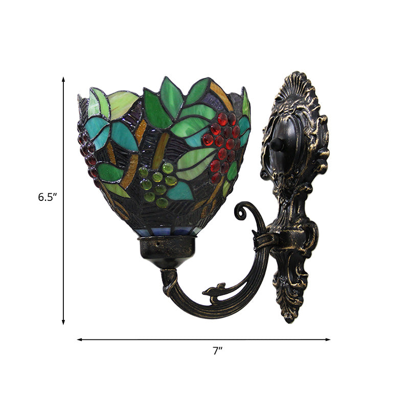 Tiffany Bowl Wall Sconce 1 Head Stained Glass Grape Patterned Wall Mount Lamp in Green and White/Black Clearhalo 'Art deco wall lights' 'Cast Iron' 'Glass' 'Industrial' 'Middle century wall lights' 'Modern' 'Tiffany wall lights' 'Tiffany' 'Traditional wall lights' 'Wall Lamps & Sconces' 'Wall Lights' Lighting' 890286