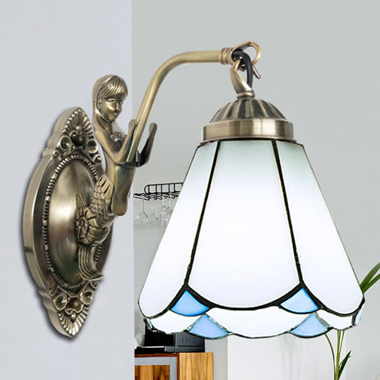 1 Head Conical Wall Sconce Lighting Mission White/Beige Glass Wall Mount Light Fixture with Mermaid Backplate White Clearhalo 'Art deco wall lights' 'Cast Iron' 'Glass' 'Industrial' 'Middle century wall lights' 'Modern' 'Tiffany wall lights' 'Tiffany' 'Traditional wall lights' 'Wall Lamps & Sconces' 'Wall Lights' Lighting' 890291