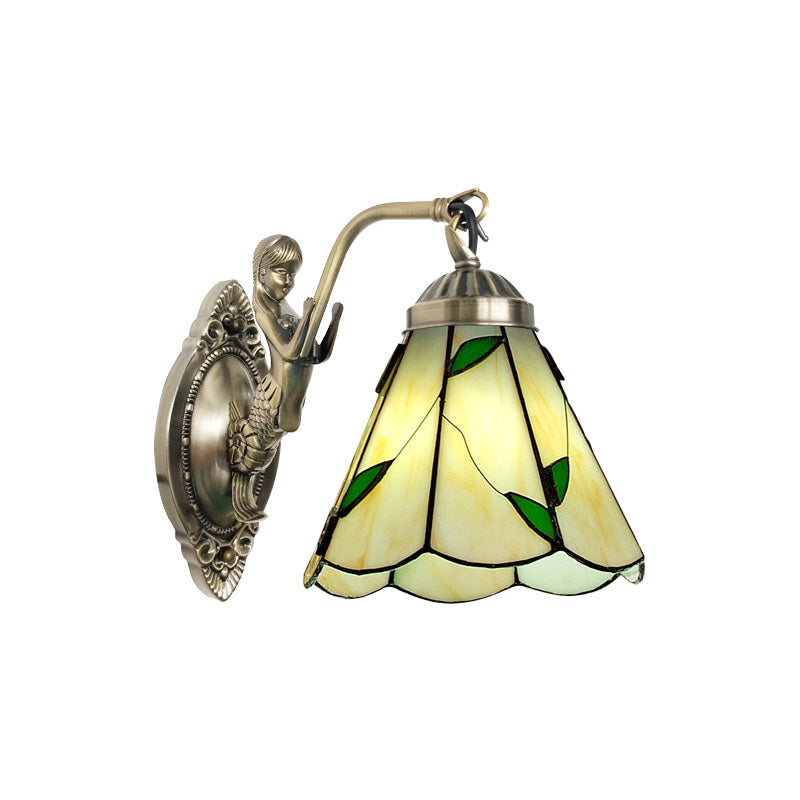 1 Head Conical Wall Sconce Lighting Mission White/Beige Glass Wall Mount Light Fixture with Mermaid Backplate Clearhalo 'Art deco wall lights' 'Cast Iron' 'Glass' 'Industrial' 'Middle century wall lights' 'Modern' 'Tiffany wall lights' 'Tiffany' 'Traditional wall lights' 'Wall Lamps & Sconces' 'Wall Lights' Lighting' 890297