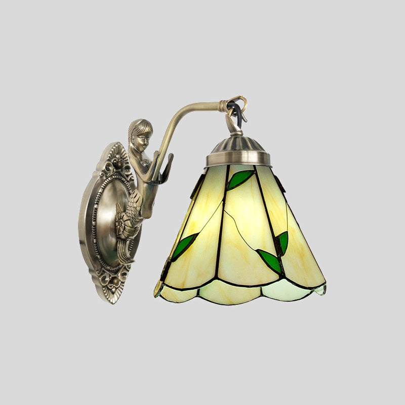 1 Head Conical Wall Sconce Lighting Mission White/Beige Glass Wall Mount Light Fixture with Mermaid Backplate Clearhalo 'Art deco wall lights' 'Cast Iron' 'Glass' 'Industrial' 'Middle century wall lights' 'Modern' 'Tiffany wall lights' 'Tiffany' 'Traditional wall lights' 'Wall Lamps & Sconces' 'Wall Lights' Lighting' 890298