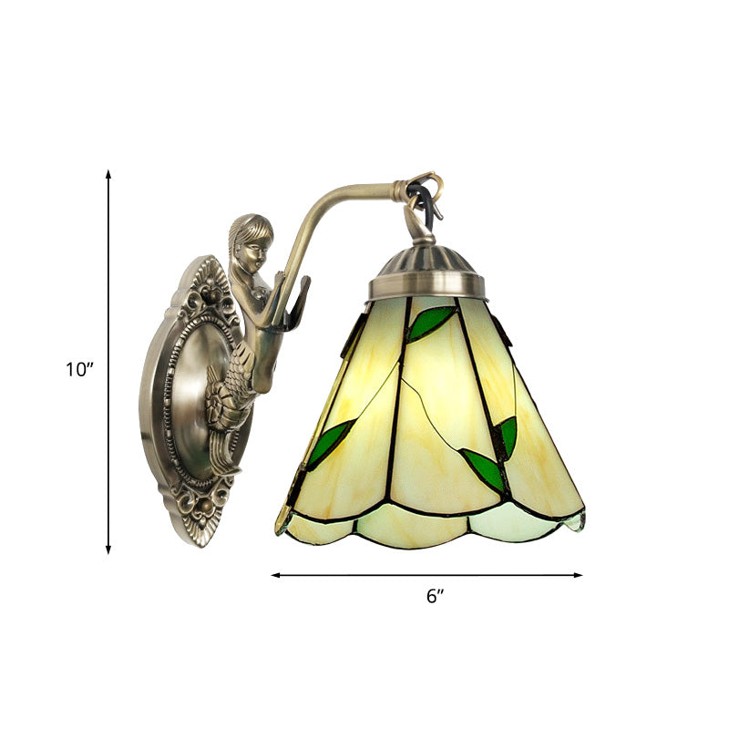 1 Head Conical Wall Sconce Lighting Mission White/Beige Glass Wall Mount Light Fixture with Mermaid Backplate Clearhalo 'Art deco wall lights' 'Cast Iron' 'Glass' 'Industrial' 'Middle century wall lights' 'Modern' 'Tiffany wall lights' 'Tiffany' 'Traditional wall lights' 'Wall Lamps & Sconces' 'Wall Lights' Lighting' 890299