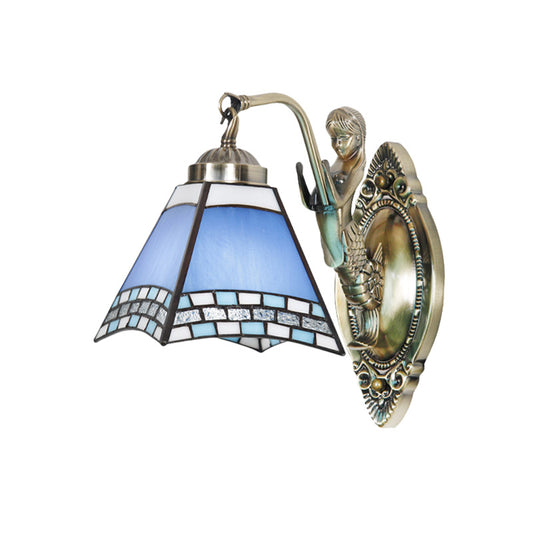 Trapezoid Wall Light Fixture Mission Blue Cut Glass 1-Light Bronze Wall Mount Lamp with Mermaid Arm Clearhalo 'Art deco wall lights' 'Cast Iron' 'Glass' 'Industrial' 'Middle century wall lights' 'Modern' 'Tiffany wall lights' 'Tiffany' 'Traditional wall lights' 'Wall Lamps & Sconces' 'Wall Lights' Lighting' 890302