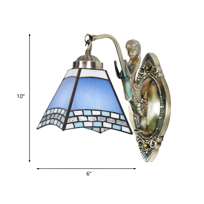 Trapezoid Wall Light Fixture Mission Blue Cut Glass 1-Light Bronze Wall Mount Lamp with Mermaid Arm Clearhalo 'Art deco wall lights' 'Cast Iron' 'Glass' 'Industrial' 'Middle century wall lights' 'Modern' 'Tiffany wall lights' 'Tiffany' 'Traditional wall lights' 'Wall Lamps & Sconces' 'Wall Lights' Lighting' 890303