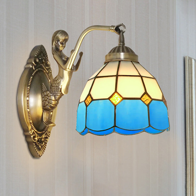 1 Bulb Living Room Wall Mounted Light Baroque Bronze Mermaid Wall Lamp with Grid Dome Dark/Sky Blue and White Glass Shade Blue-White Clearhalo 'Art deco wall lights' 'Cast Iron' 'Glass' 'Industrial' 'Middle century wall lights' 'Modern' 'Tiffany wall lights' 'Tiffany' 'Traditional wall lights' 'Wall Lamps & Sconces' 'Wall Lights' Lighting' 890308