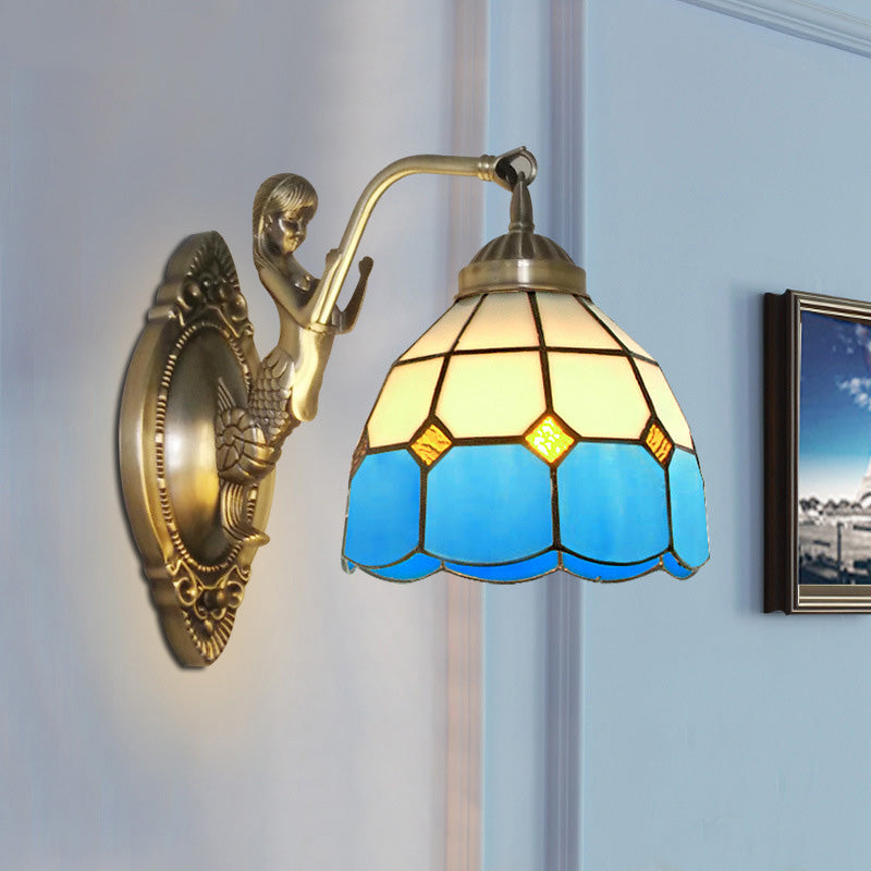 1 Bulb Living Room Wall Mounted Light Baroque Bronze Mermaid Wall Lamp with Grid Dome Dark/Sky Blue and White Glass Shade Clearhalo 'Art deco wall lights' 'Cast Iron' 'Glass' 'Industrial' 'Middle century wall lights' 'Modern' 'Tiffany wall lights' 'Tiffany' 'Traditional wall lights' 'Wall Lamps & Sconces' 'Wall Lights' Lighting' 890310
