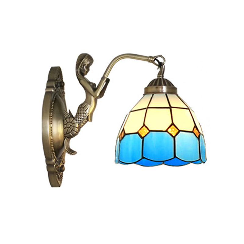 1 Bulb Living Room Wall Mounted Light Baroque Bronze Mermaid Wall Lamp with Grid Dome Dark/Sky Blue and White Glass Shade Clearhalo 'Art deco wall lights' 'Cast Iron' 'Glass' 'Industrial' 'Middle century wall lights' 'Modern' 'Tiffany wall lights' 'Tiffany' 'Traditional wall lights' 'Wall Lamps & Sconces' 'Wall Lights' Lighting' 890311