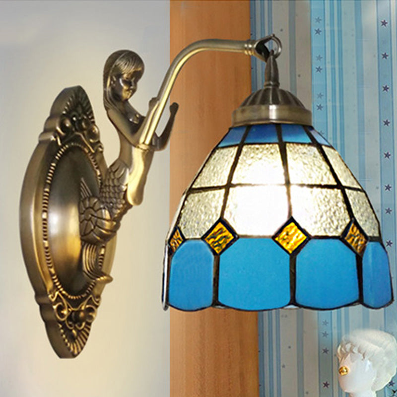 1 Bulb Living Room Wall Mounted Light Baroque Bronze Mermaid Wall Lamp with Grid Dome Dark/Sky Blue and White Glass Shade Clearhalo 'Art deco wall lights' 'Cast Iron' 'Glass' 'Industrial' 'Middle century wall lights' 'Modern' 'Tiffany wall lights' 'Tiffany' 'Traditional wall lights' 'Wall Lamps & Sconces' 'Wall Lights' Lighting' 890313