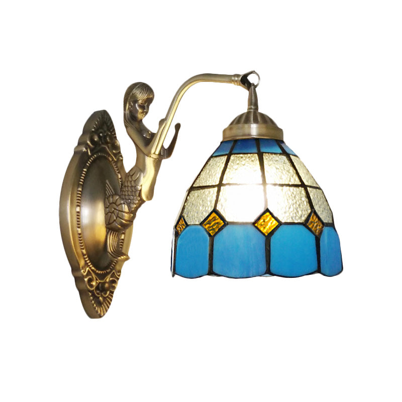 1 Bulb Living Room Wall Mounted Light Baroque Bronze Mermaid Wall Lamp with Grid Dome Dark/Sky Blue and White Glass Shade Clearhalo 'Art deco wall lights' 'Cast Iron' 'Glass' 'Industrial' 'Middle century wall lights' 'Modern' 'Tiffany wall lights' 'Tiffany' 'Traditional wall lights' 'Wall Lamps & Sconces' 'Wall Lights' Lighting' 890315