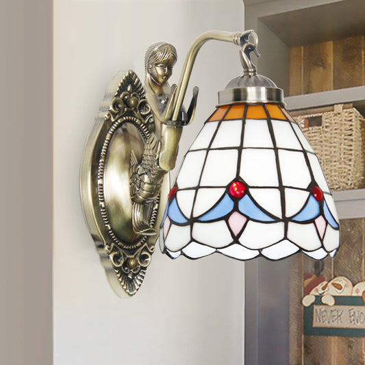 Dome Wall Mounted Lamp 1-Bulb Stained Glass Mediterranean Tulip Patterned Wall Lighting in White/Blue with Mermaid Arm White Clearhalo 'Art deco wall lights' 'Cast Iron' 'Glass' 'Industrial' 'Middle century wall lights' 'Modern' 'Tiffany wall lights' 'Tiffany' 'Traditional wall lights' 'Wall Lamps & Sconces' 'Wall Lights' Lighting' 890316