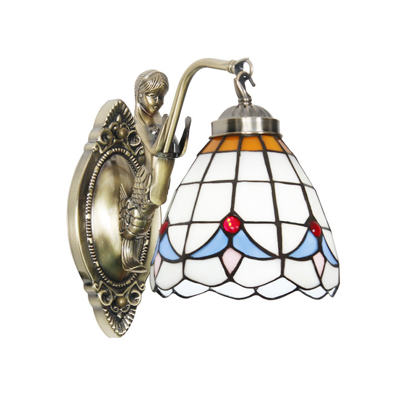 Dome Wall Mounted Lamp 1-Bulb Stained Glass Mediterranean Tulip Patterned Wall Lighting in White/Blue with Mermaid Arm Clearhalo 'Art deco wall lights' 'Cast Iron' 'Glass' 'Industrial' 'Middle century wall lights' 'Modern' 'Tiffany wall lights' 'Tiffany' 'Traditional wall lights' 'Wall Lamps & Sconces' 'Wall Lights' Lighting' 890317
