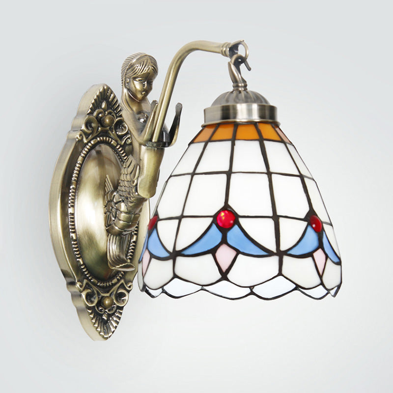 Dome Wall Mounted Lamp 1-Bulb Stained Glass Mediterranean Tulip Patterned Wall Lighting in White/Blue with Mermaid Arm Clearhalo 'Art deco wall lights' 'Cast Iron' 'Glass' 'Industrial' 'Middle century wall lights' 'Modern' 'Tiffany wall lights' 'Tiffany' 'Traditional wall lights' 'Wall Lamps & Sconces' 'Wall Lights' Lighting' 890318