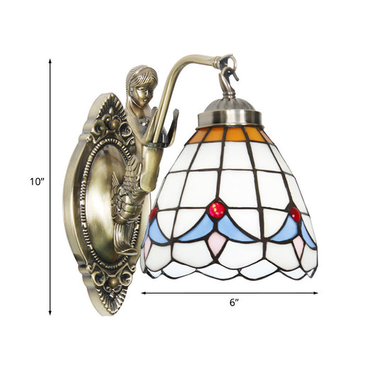 Dome Wall Mounted Lamp 1-Bulb Stained Glass Mediterranean Tulip Patterned Wall Lighting in White/Blue with Mermaid Arm Clearhalo 'Art deco wall lights' 'Cast Iron' 'Glass' 'Industrial' 'Middle century wall lights' 'Modern' 'Tiffany wall lights' 'Tiffany' 'Traditional wall lights' 'Wall Lamps & Sconces' 'Wall Lights' Lighting' 890319