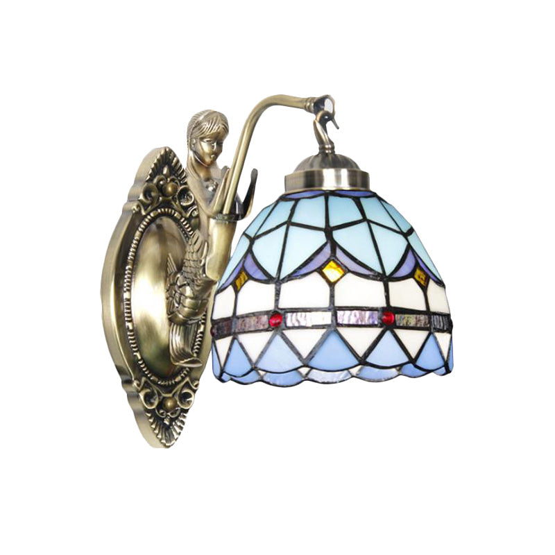 Dome Wall Mounted Lamp 1-Bulb Stained Glass Mediterranean Tulip Patterned Wall Lighting in White/Blue with Mermaid Arm Clearhalo 'Art deco wall lights' 'Cast Iron' 'Glass' 'Industrial' 'Middle century wall lights' 'Modern' 'Tiffany wall lights' 'Tiffany' 'Traditional wall lights' 'Wall Lamps & Sconces' 'Wall Lights' Lighting' 890322