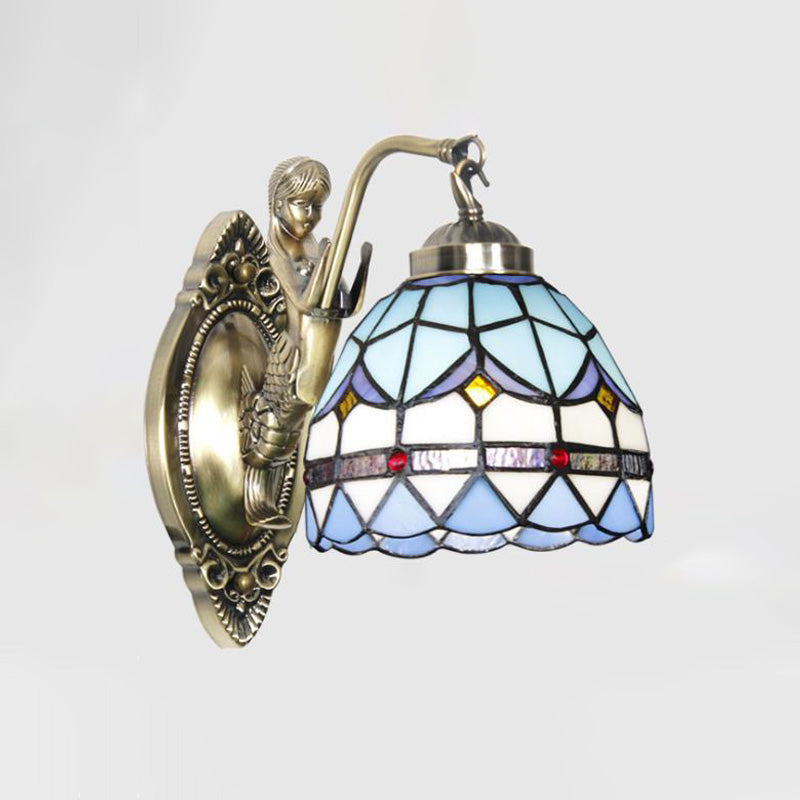 Dome Wall Mounted Lamp 1-Bulb Stained Glass Mediterranean Tulip Patterned Wall Lighting in White/Blue with Mermaid Arm Clearhalo 'Art deco wall lights' 'Cast Iron' 'Glass' 'Industrial' 'Middle century wall lights' 'Modern' 'Tiffany wall lights' 'Tiffany' 'Traditional wall lights' 'Wall Lamps & Sconces' 'Wall Lights' Lighting' 890323