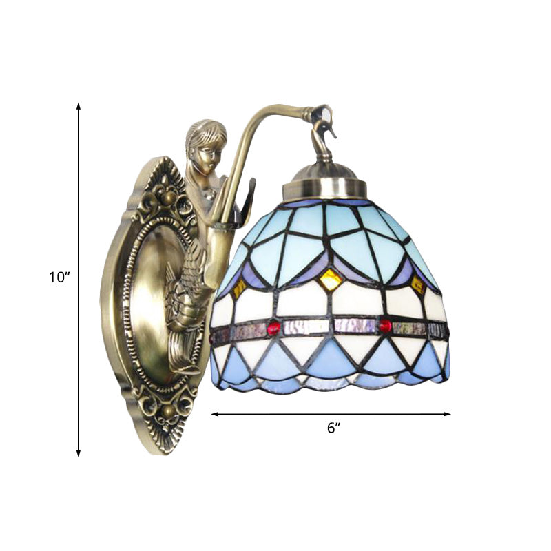 Dome Wall Mounted Lamp 1-Bulb Stained Glass Mediterranean Tulip Patterned Wall Lighting in White/Blue with Mermaid Arm Clearhalo 'Art deco wall lights' 'Cast Iron' 'Glass' 'Industrial' 'Middle century wall lights' 'Modern' 'Tiffany wall lights' 'Tiffany' 'Traditional wall lights' 'Wall Lamps & Sconces' 'Wall Lights' Lighting' 890324