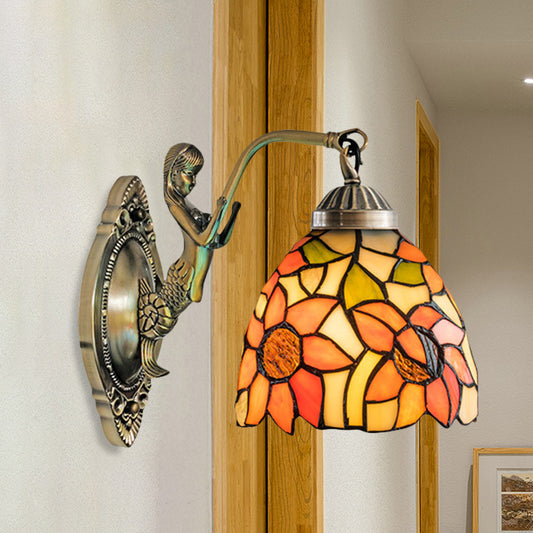 Cut Glass Beige/Orange Wall Mounted Light Bowl 1-Light Victorian Sunflower/Floral Patterned Surface Wall Sconce with Mermaid Arm Orange Clearhalo 'Art deco wall lights' 'Cast Iron' 'Glass' 'Industrial' 'Middle century wall lights' 'Modern' 'Tiffany wall lights' 'Tiffany' 'Traditional wall lights' 'Wall Lamps & Sconces' 'Wall Lights' Lighting' 890325