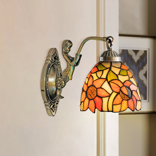 Cut Glass Beige/Orange Wall Mounted Light Bowl 1-Light Victorian Sunflower/Floral Patterned Surface Wall Sconce with Mermaid Arm Clearhalo 'Art deco wall lights' 'Cast Iron' 'Glass' 'Industrial' 'Middle century wall lights' 'Modern' 'Tiffany wall lights' 'Tiffany' 'Traditional wall lights' 'Wall Lamps & Sconces' 'Wall Lights' Lighting' 890326