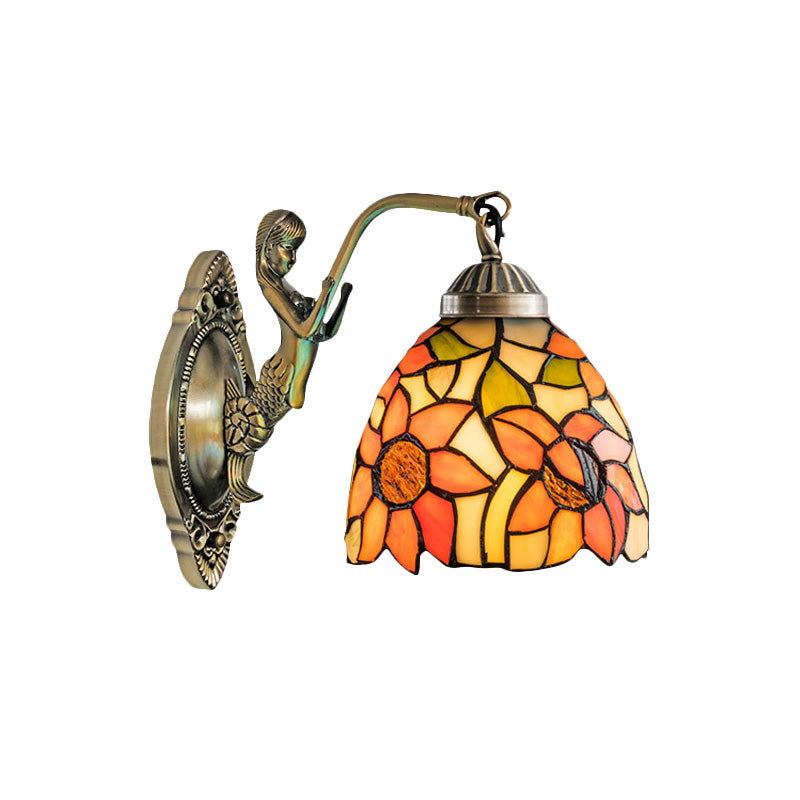 Cut Glass Beige/Orange Wall Mounted Light Bowl 1-Light Victorian Sunflower/Floral Patterned Surface Wall Sconce with Mermaid Arm Clearhalo 'Art deco wall lights' 'Cast Iron' 'Glass' 'Industrial' 'Middle century wall lights' 'Modern' 'Tiffany wall lights' 'Tiffany' 'Traditional wall lights' 'Wall Lamps & Sconces' 'Wall Lights' Lighting' 890327