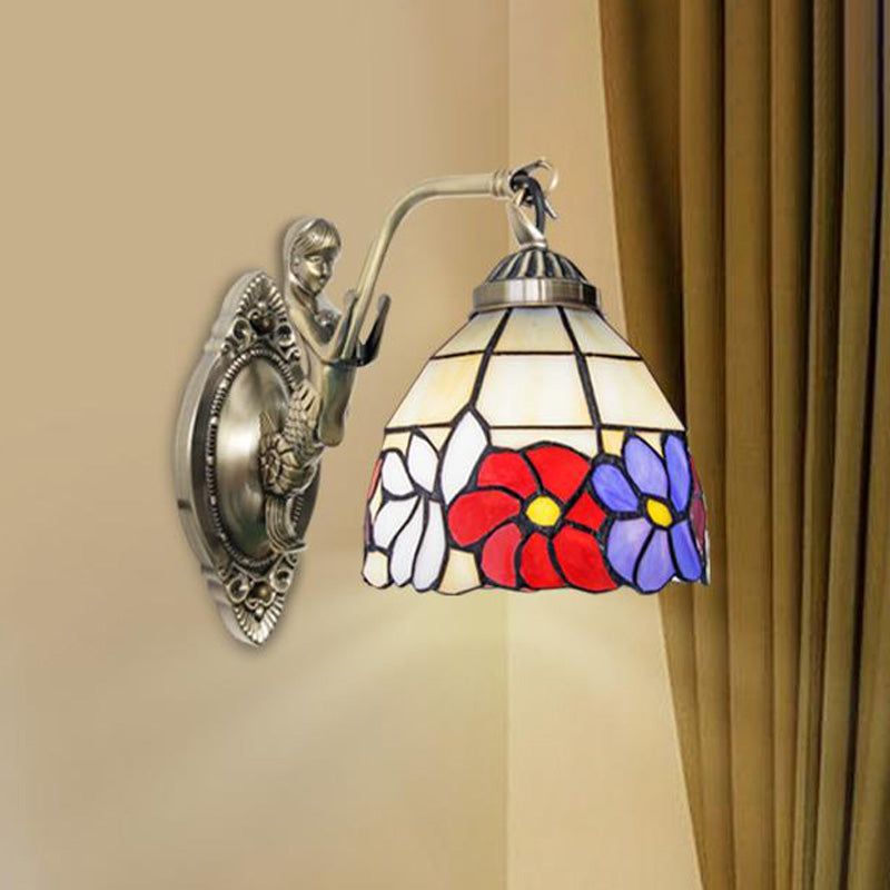 Cut Glass Beige/Orange Wall Mounted Light Bowl 1-Light Victorian Sunflower/Floral Patterned Surface Wall Sconce with Mermaid Arm Beige Clearhalo 'Art deco wall lights' 'Cast Iron' 'Glass' 'Industrial' 'Middle century wall lights' 'Modern' 'Tiffany wall lights' 'Tiffany' 'Traditional wall lights' 'Wall Lamps & Sconces' 'Wall Lights' Lighting' 890329