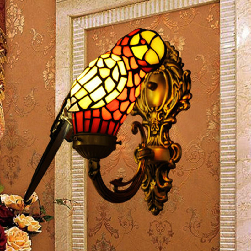 1 Light Wall Mounted Lighting Tiffany Parrot Shaped Stained Glass Sconce Light in Gold with Curvy Arm Gold Clearhalo 'Art deco wall lights' 'Cast Iron' 'Glass' 'Industrial' 'Middle century wall lights' 'Modern' 'Tiffany wall lights' 'Tiffany' 'Traditional wall lights' 'Wall Lamps & Sconces' 'Wall Lights' Lighting' 890334