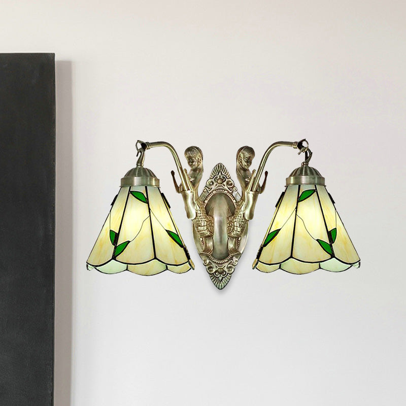 Mission Conic Wall Mount Lamp 2 Heads White/Beige Glass Sconce Light Fixture with Double Mermaid Arm Clearhalo 'Art deco wall lights' 'Cast Iron' 'Glass' 'Industrial' 'Middle century wall lights' 'Modern' 'Tiffany wall lights' 'Tiffany' 'Traditional wall lights' 'Wall Lamps & Sconces' 'Wall Lights' Lighting' 890339