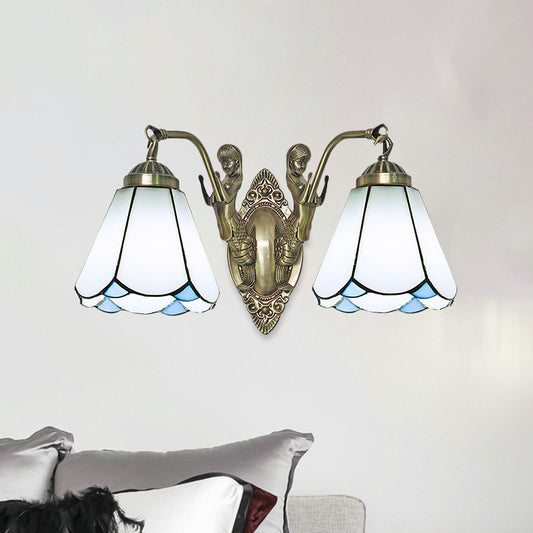 Mission Conic Wall Mount Lamp 2 Heads White/Beige Glass Sconce Light Fixture with Double Mermaid Arm White Clearhalo 'Art deco wall lights' 'Cast Iron' 'Glass' 'Industrial' 'Middle century wall lights' 'Modern' 'Tiffany wall lights' 'Tiffany' 'Traditional wall lights' 'Wall Lamps & Sconces' 'Wall Lights' Lighting' 890342