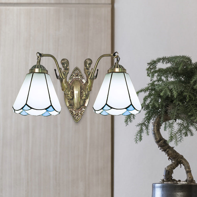 Mission Conic Wall Mount Lamp 2 Heads White/Beige Glass Sconce Light Fixture with Double Mermaid Arm Clearhalo 'Art deco wall lights' 'Cast Iron' 'Glass' 'Industrial' 'Middle century wall lights' 'Modern' 'Tiffany wall lights' 'Tiffany' 'Traditional wall lights' 'Wall Lamps & Sconces' 'Wall Lights' Lighting' 890343