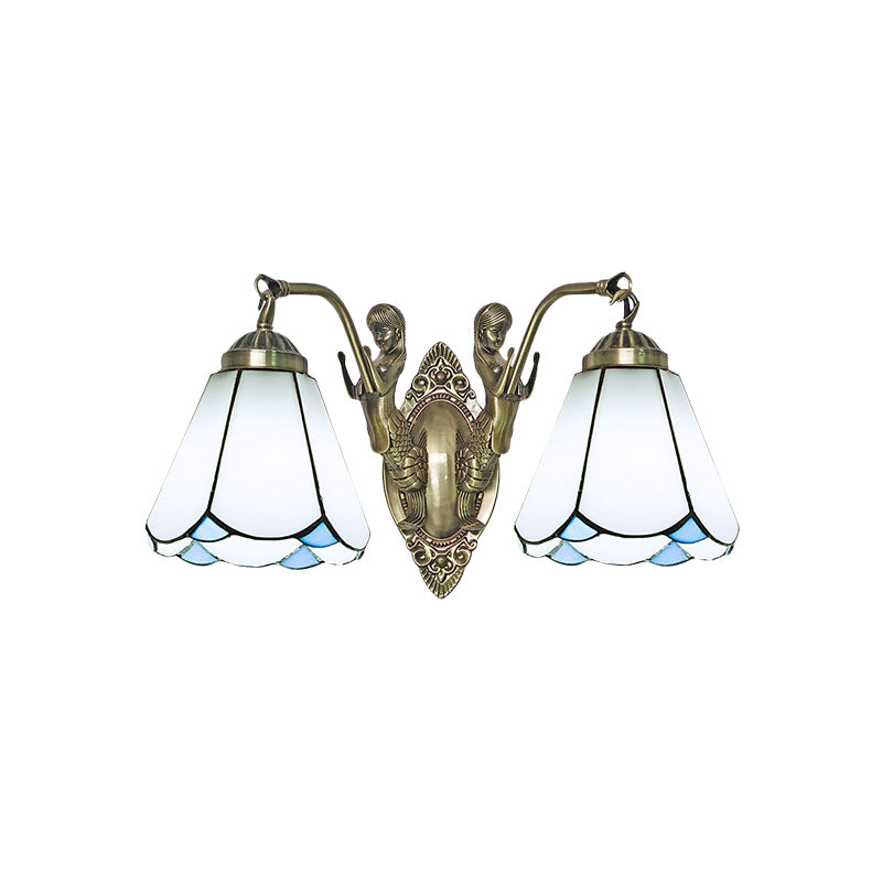 Mission Conic Wall Mount Lamp 2 Heads White/Beige Glass Sconce Light Fixture with Double Mermaid Arm Clearhalo 'Art deco wall lights' 'Cast Iron' 'Glass' 'Industrial' 'Middle century wall lights' 'Modern' 'Tiffany wall lights' 'Tiffany' 'Traditional wall lights' 'Wall Lamps & Sconces' 'Wall Lights' Lighting' 890345