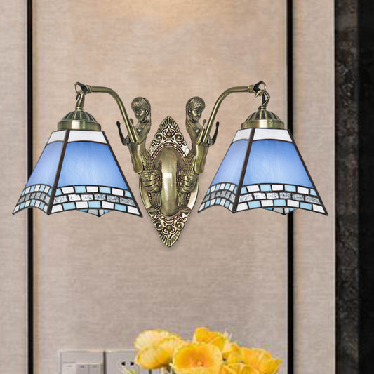 Blue 2-Light Wall Mount Light Mission Style Hand Cut Glass Swallowtail Wall Lighting with Mermaid Arm for Bedroom Blue Clearhalo 'Art deco wall lights' 'Cast Iron' 'Glass' 'Industrial' 'Middle century wall lights' 'Modern' 'Tiffany wall lights' 'Tiffany' 'Traditional wall lights' 'Wall Lamps & Sconces' 'Wall Lights' Lighting' 890347