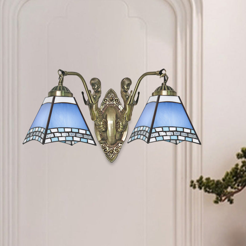 Blue 2-Light Wall Mount Light Mission Style Hand Cut Glass Swallowtail Wall Lighting with Mermaid Arm for Bedroom Clearhalo 'Art deco wall lights' 'Cast Iron' 'Glass' 'Industrial' 'Middle century wall lights' 'Modern' 'Tiffany wall lights' 'Tiffany' 'Traditional wall lights' 'Wall Lamps & Sconces' 'Wall Lights' Lighting' 890348