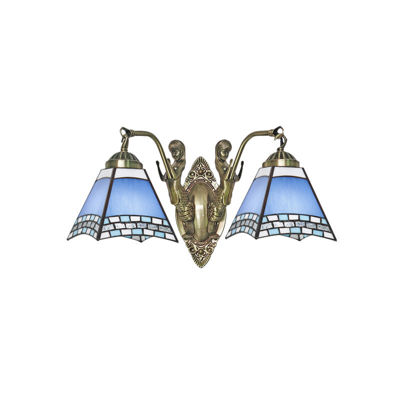 Blue 2-Light Wall Mount Light Mission Style Hand Cut Glass Swallowtail Wall Lighting with Mermaid Arm for Bedroom Clearhalo 'Art deco wall lights' 'Cast Iron' 'Glass' 'Industrial' 'Middle century wall lights' 'Modern' 'Tiffany wall lights' 'Tiffany' 'Traditional wall lights' 'Wall Lamps & Sconces' 'Wall Lights' Lighting' 890349
