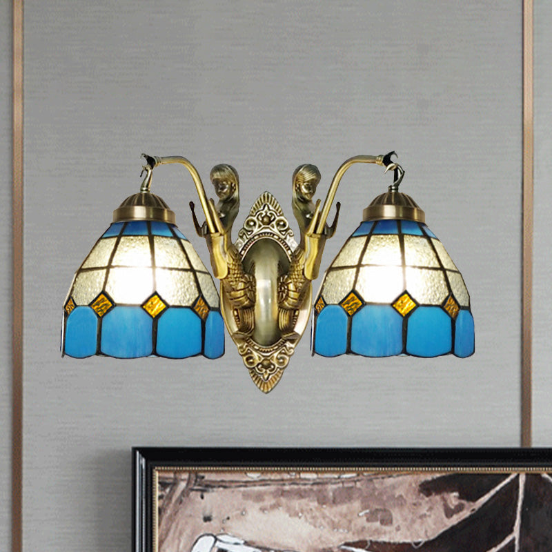2-Head Domed Wall Mount Lighting Tiffany Dark Blue and White/Orange and White Stained Glass Mermaid Wall Sconce with Grid Pattern Clearhalo 'Art deco wall lights' 'Cast Iron' 'Glass' 'Industrial' 'Middle century wall lights' 'Modern' 'Tiffany wall lights' 'Tiffany' 'Traditional wall lights' 'Wall Lamps & Sconces' 'Wall Lights' Lighting' 890357