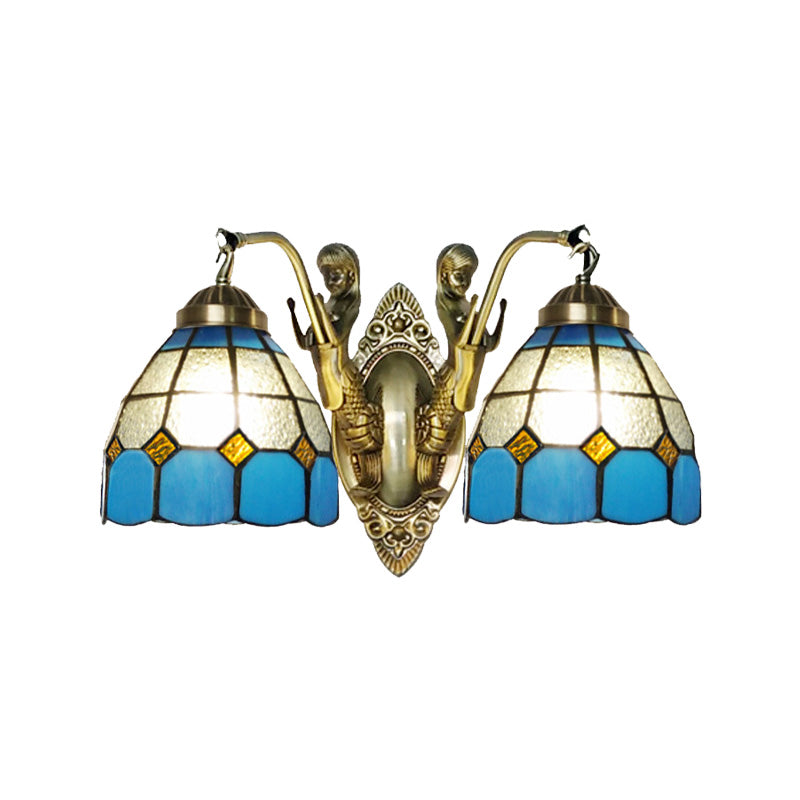 2-Head Domed Wall Mount Lighting Tiffany Dark Blue and White/Orange and White Stained Glass Mermaid Wall Sconce with Grid Pattern Clearhalo 'Art deco wall lights' 'Cast Iron' 'Glass' 'Industrial' 'Middle century wall lights' 'Modern' 'Tiffany wall lights' 'Tiffany' 'Traditional wall lights' 'Wall Lamps & Sconces' 'Wall Lights' Lighting' 890358