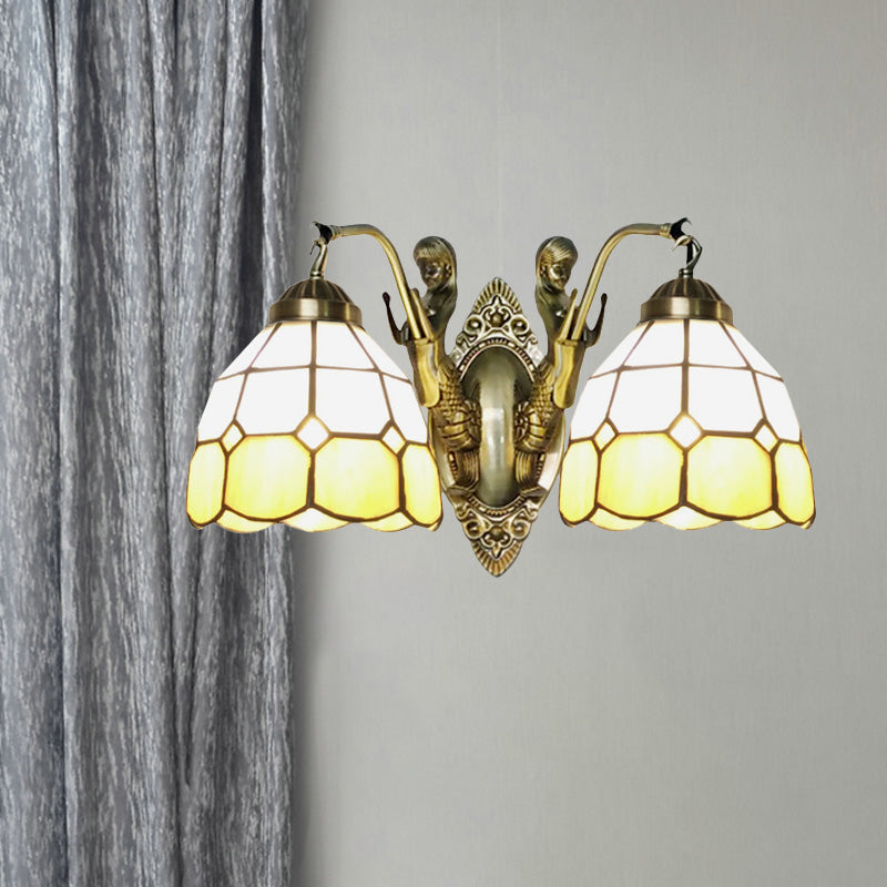 2-Head Domed Wall Mount Lighting Tiffany Dark Blue and White/Orange and White Stained Glass Mermaid Wall Sconce with Grid Pattern Clearhalo 'Art deco wall lights' 'Cast Iron' 'Glass' 'Industrial' 'Middle century wall lights' 'Modern' 'Tiffany wall lights' 'Tiffany' 'Traditional wall lights' 'Wall Lamps & Sconces' 'Wall Lights' Lighting' 890360