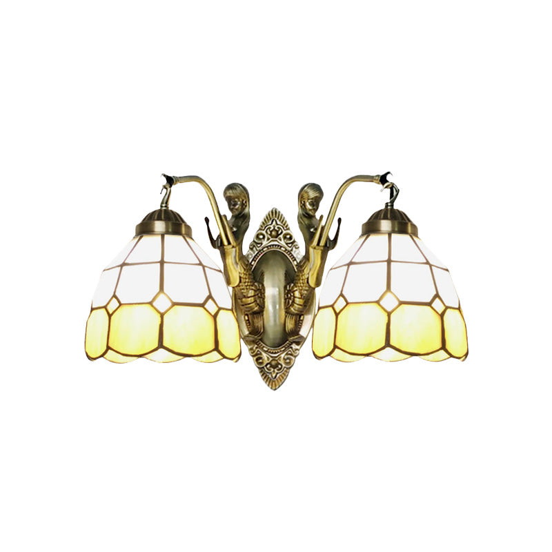 2-Head Domed Wall Mount Lighting Tiffany Dark Blue and White/Orange and White Stained Glass Mermaid Wall Sconce with Grid Pattern Clearhalo 'Art deco wall lights' 'Cast Iron' 'Glass' 'Industrial' 'Middle century wall lights' 'Modern' 'Tiffany wall lights' 'Tiffany' 'Traditional wall lights' 'Wall Lamps & Sconces' 'Wall Lights' Lighting' 890362