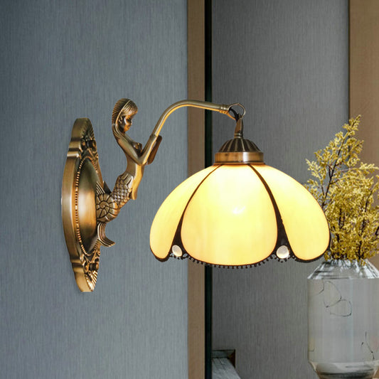 Flower Wall Lighting Fixture Mediterranean Beige Glass 1/2-Light Bronze Wall Light Sconce with Mermaid Arm for Bathroom 1.0 Beige Clearhalo 'Art deco wall lights' 'Cast Iron' 'Glass' 'Industrial' 'Middle century wall lights' 'Modern' 'Tiffany wall lights' 'Tiffany' 'Traditional wall lights' 'Wall Lamps & Sconces' 'Wall Lights' Lighting' 890363
