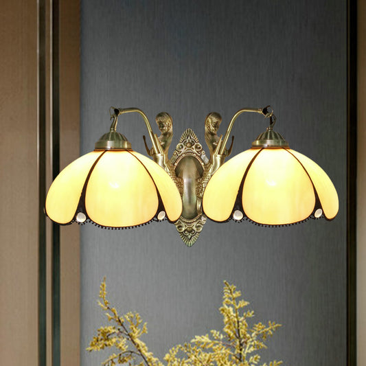 Flower Wall Lighting Fixture Mediterranean Beige Glass 1/2-Light Bronze Wall Light Sconce with Mermaid Arm for Bathroom 2.0 Beige Clearhalo 'Art deco wall lights' 'Cast Iron' 'Glass' 'Industrial' 'Middle century wall lights' 'Modern' 'Tiffany wall lights' 'Tiffany' 'Traditional wall lights' 'Wall Lamps & Sconces' 'Wall Lights' Lighting' 890367
