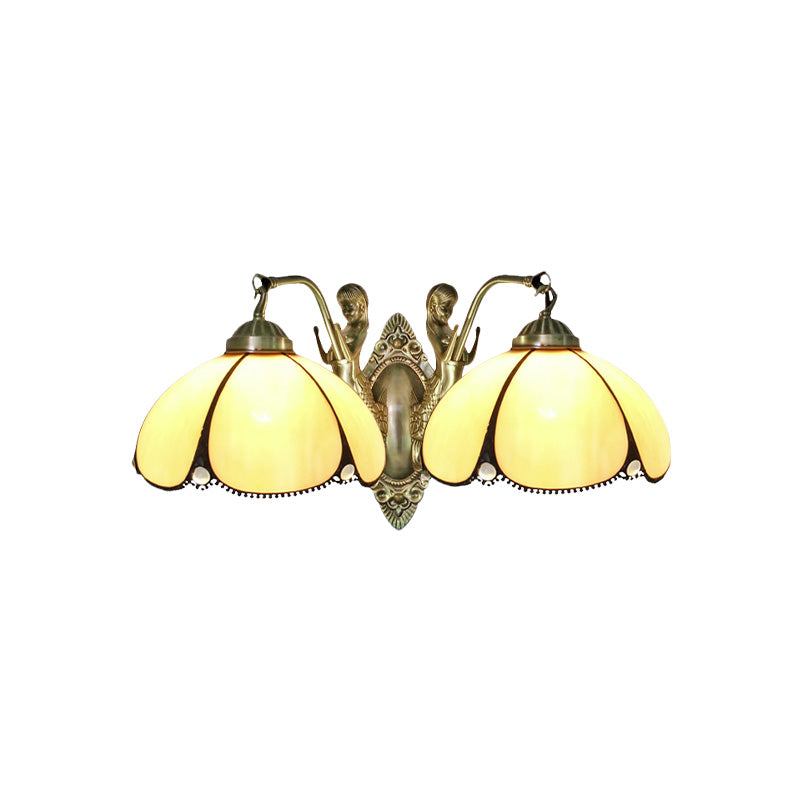 Flower Wall Lighting Fixture Mediterranean Beige Glass 1/2-Light Bronze Wall Light Sconce with Mermaid Arm for Bathroom Clearhalo 'Art deco wall lights' 'Cast Iron' 'Glass' 'Industrial' 'Middle century wall lights' 'Modern' 'Tiffany wall lights' 'Tiffany' 'Traditional wall lights' 'Wall Lamps & Sconces' 'Wall Lights' Lighting' 890370