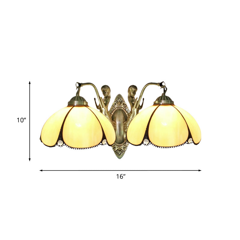 Flower Wall Lighting Fixture Mediterranean Beige Glass 1/2-Light Bronze Wall Light Sconce with Mermaid Arm for Bathroom Clearhalo 'Art deco wall lights' 'Cast Iron' 'Glass' 'Industrial' 'Middle century wall lights' 'Modern' 'Tiffany wall lights' 'Tiffany' 'Traditional wall lights' 'Wall Lamps & Sconces' 'Wall Lights' Lighting' 890371