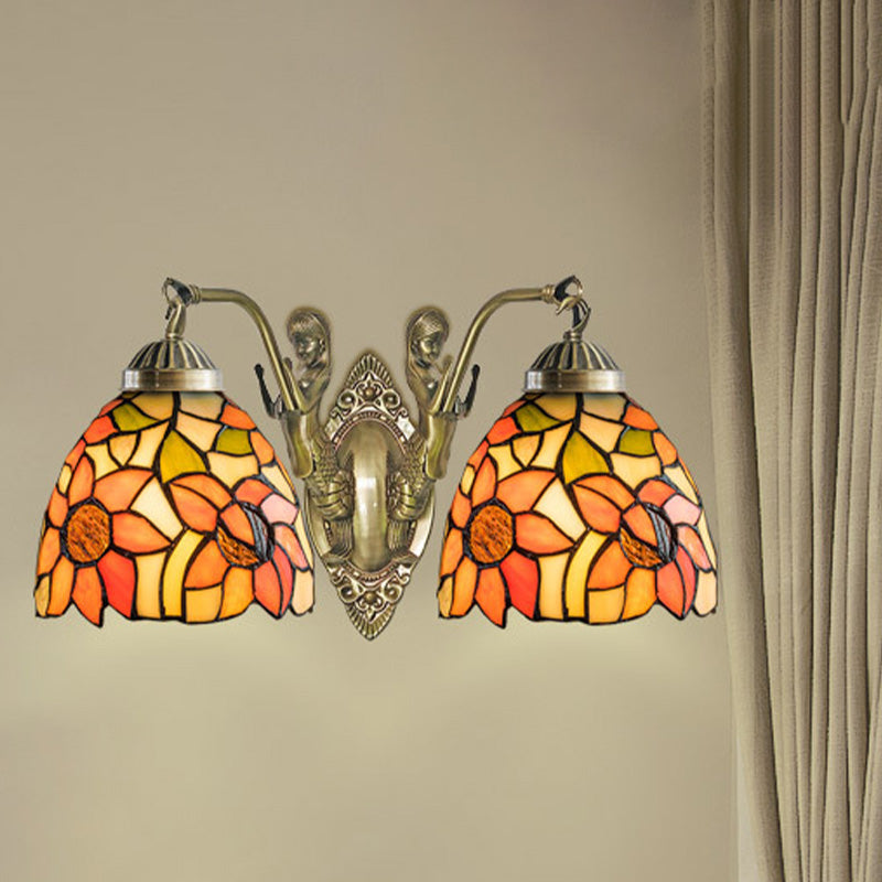 Stained Glass Domed Wall Lighting Tiffany 2-Bulb Beige/Orange Floral Patterned Sconce Light with Mermaid Arm for Bedroom Orange Clearhalo 'Art deco wall lights' 'Cast Iron' 'Glass' 'Industrial' 'Middle century wall lights' 'Modern' 'Tiffany wall lights' 'Tiffany' 'Traditional wall lights' 'Wall Lamps & Sconces' 'Wall Lights' Lighting' 890372