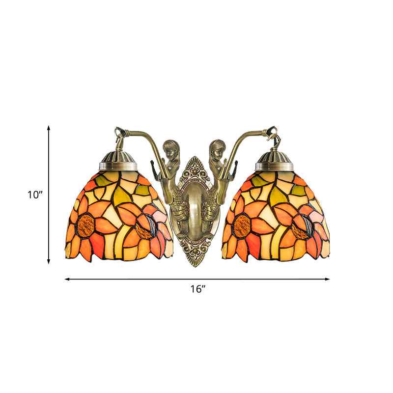 Stained Glass Domed Wall Lighting Tiffany 2-Bulb Beige/Orange Floral Patterned Sconce Light with Mermaid Arm for Bedroom Clearhalo 'Art deco wall lights' 'Cast Iron' 'Glass' 'Industrial' 'Middle century wall lights' 'Modern' 'Tiffany wall lights' 'Tiffany' 'Traditional wall lights' 'Wall Lamps & Sconces' 'Wall Lights' Lighting' 890375