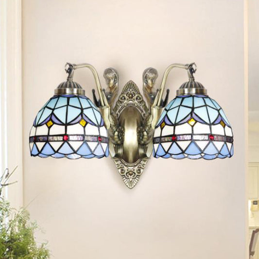 Mermaid Metal Wall Light Baroque 2-Head White/Blue Sconce with Domed Stained Art Glass Shade Blue Clearhalo 'Art deco wall lights' 'Cast Iron' 'Glass' 'Industrial' 'Middle century wall lights' 'Modern' 'Tiffany wall lights' 'Tiffany' 'Traditional wall lights' 'Wall Lamps & Sconces' 'Wall Lights' Lighting' 890381